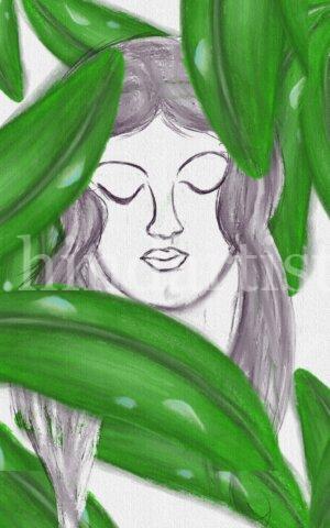 Girls painting green leaf