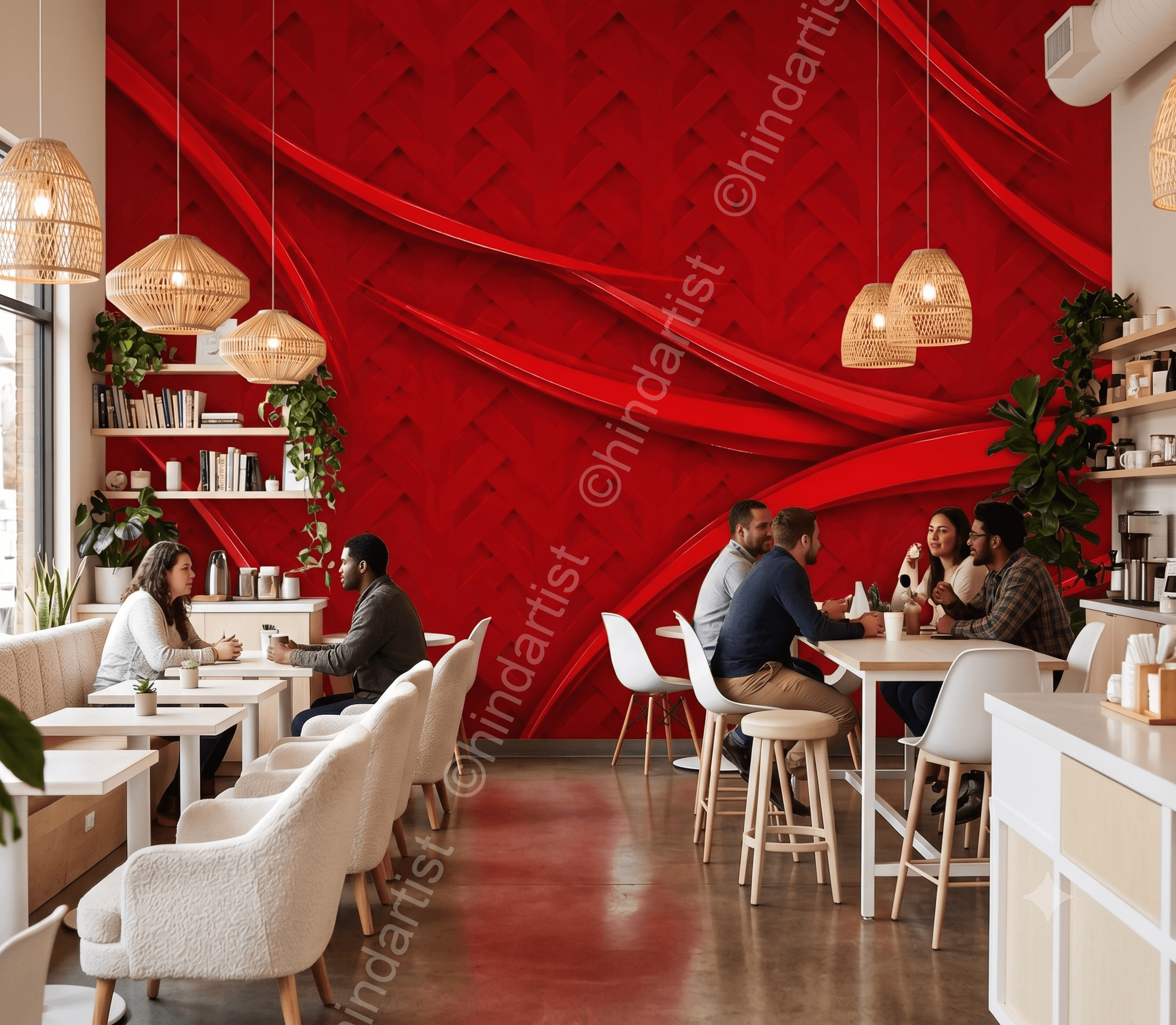 Custom Wall Print Wallpaper-Bold Red Meets Cozy Cafe Vibes! - Image 3